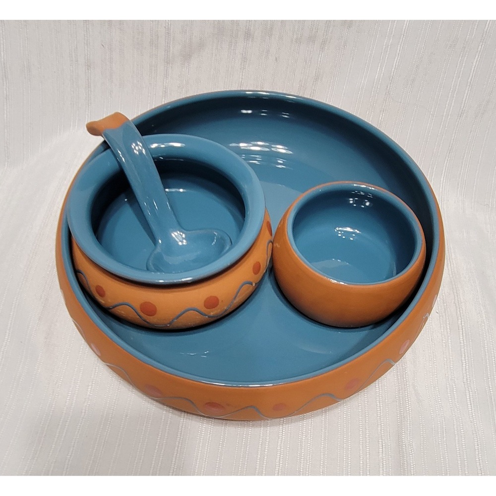 Handmade Portugal Ceramic Chip and Dip Set Blue Terracotta 4 Piece Serving Set